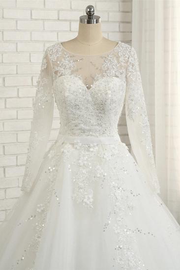 TsClothzone Modest Jewel Longsleeves White Wedding Dresses A-line Tulle Ruffles Bridal Gowns On Sale_5