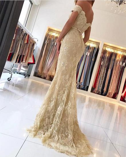 Off The Shoulder Champagne Lace Prom Dresses 2022 Sexy Long Cheap Formal Evening Dress_3