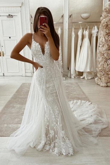 Simple Bohemian White Spaghetti Strap Wedding Dress with Lace Train