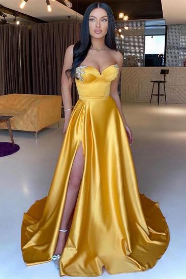 Simple Strapless Gold Long Prom Dresses Evening Gowns_1