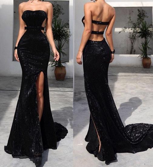 Sexy Black Tube Top Sequins Floor Length Prom Dresses With Split | White Open Back Party Gowns_2