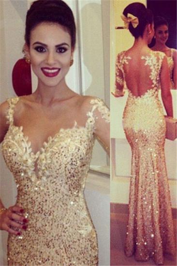 Gold Sequined Open Back Trumpet Prom Dresses with One Shoulder Appliques 2022 Long Evening Dresses_3