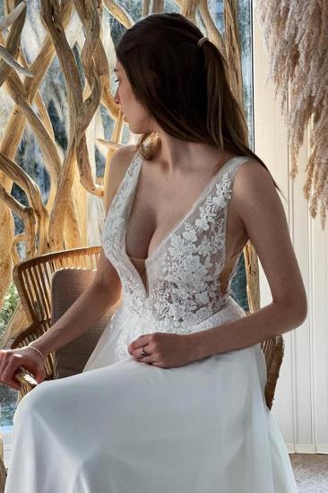 Elegantes Blumenspitze-Hochzeitskleid Aline Einfaches Brautkleid ärmellos_2