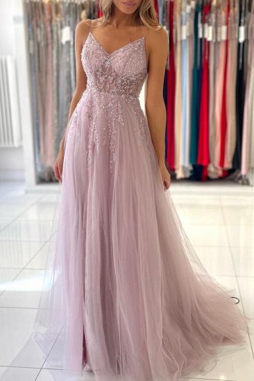 Luxurious Pink Spaghetti Strap Glitter Split Long Evening Dress | Glitter Spaghetti Strap Prom Dress_4