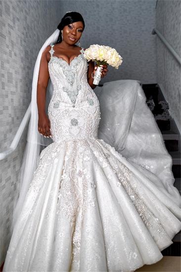 Spaghetti Strap Luxury Sweetheart Wedding Dress | Beading Appliques Mermaid Bridal Dresses