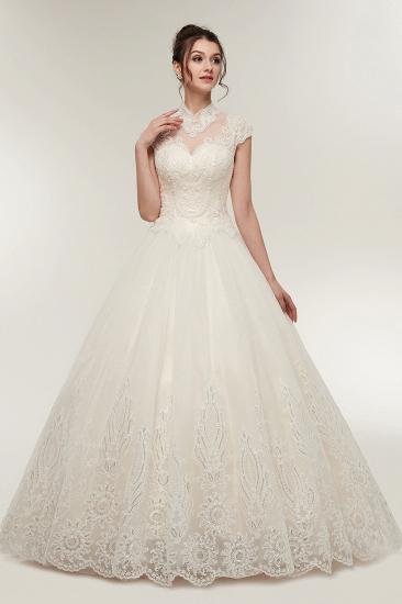 YOLANDE | A-line High Neck Short Sleeves Long Lace Appliques Wedding Dresses with Lace-up_1