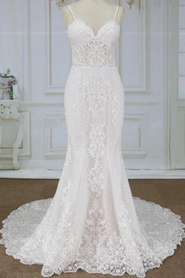 Elegant Spaghetti Straps Sleeveless Mermaid Wedding Dress | Appliques Lace White Bridal Gowns