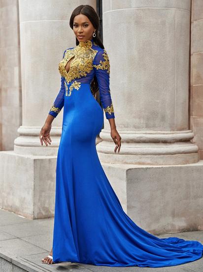 Long sleeves royal blue gold appliques high split prom dress_4