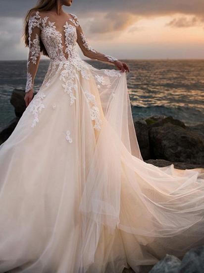 A-Line Wedding Dress Bateau Lace Tulle Long Sleeves Bridal Gowns Formal See-Through with Court Train_2