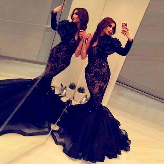 Haifa Wehbe Abendkleider Schwarz Eine Schulter Perlen Rüschen Zug Arabische Festzug Kleider_1