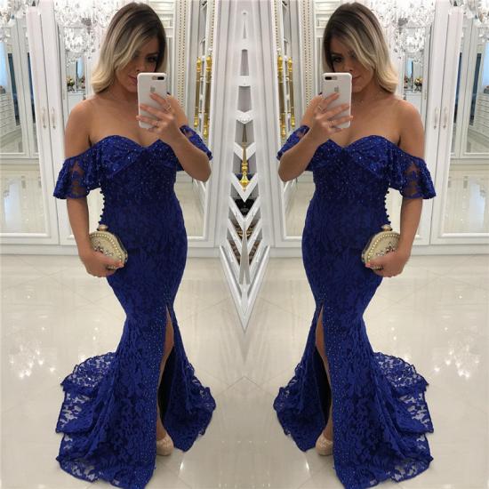 Royal Blue Lace Mermaid Prom Dresses Beads Sequins Off The Shoulder Front Split Evening Gown 2022_3