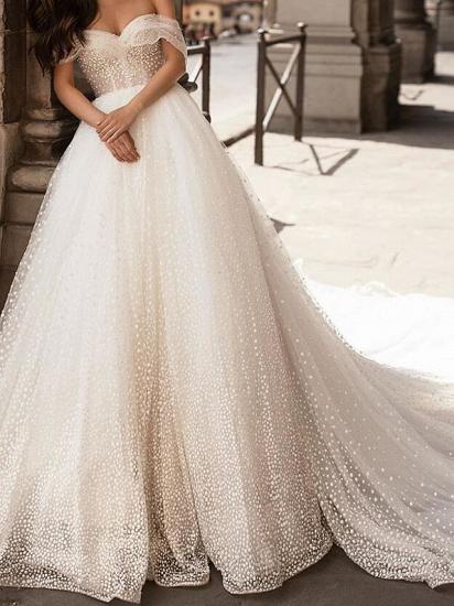 Country Plus Size Ball Gown Off Shoulder Wedding Dress Tulle Short Sleeve Bridal Gowns with Chapel Train_1
