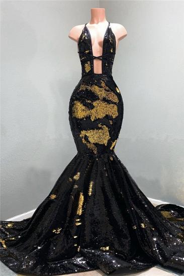 Sexy Hollow Neckline Gold and Black Long Train Mermaid Evening Dresses