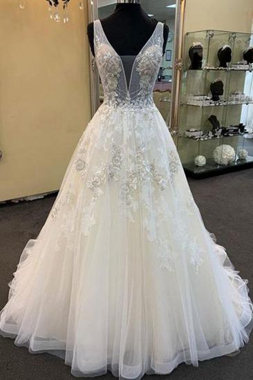 TsClothzone Glamorous Unique White Tulle V-Neck Wedding Dress Long Beaded Lace Bridal Gowns On Sale_1