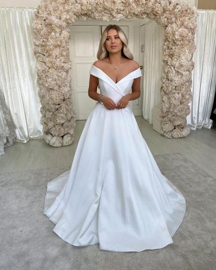 Elegant Off The Shoulder V-neck Wedding Dresses | A-line Pleated Bridal Gowns_2