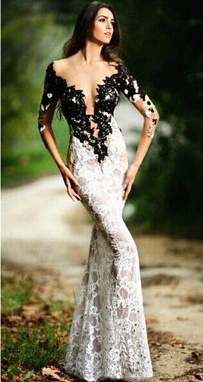 Sexy Black and White Evening Dresses Mermaid 3/4 Sleeve Lace Formal Dresses with Black Beads Bottom CJ0219