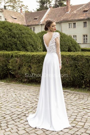 Most Popular Lace Chiffon Bridal Dress Appliques Side Slit Long Sleeve Sweep Train 2022 Wedding Dress_3