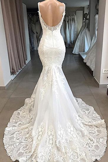 Elegant Spaghetti Strap V-neck White Sleeveless Mermaid Open Back Wedding Dress with Chapel Train_3
