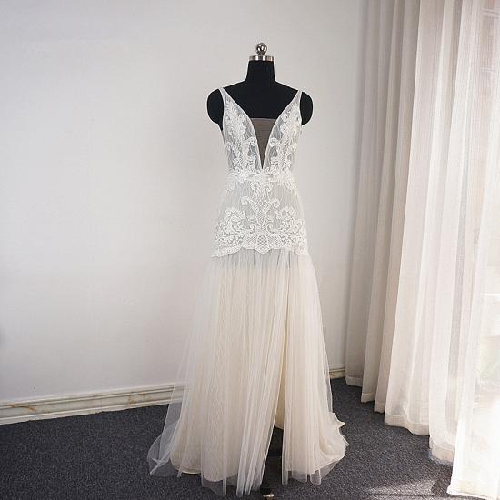 Trendy Ivory Sleeveless Lace Tulle High split A-line Wedding Dress_5