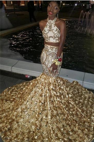 Halter Two-piece Golden Appliques Mermaid 3D-floral Train Prom Dresses
