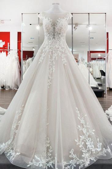 Vintage A-line Wedding Dress with Lace Appliques Jewel Tulle Ruffles Long Bridal Dress_1