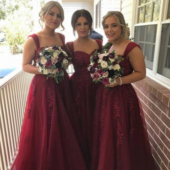 Burgundy Tulle Lace-Appliques Straps Sweetheart summer Bridesmaid Dress_3