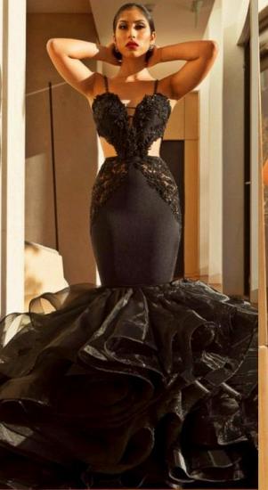 Spaghetti Straps Mermaid Black Prom Dresses | Ruffle Open Back Sexy Evening Dress 2022