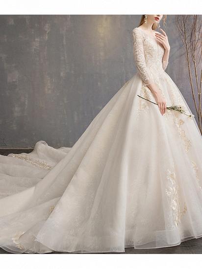 Glamorous A-Line Wedding Dress Jewel Lace 3/4 Length Sleeve Bridal Gowns Backless Court Train_2