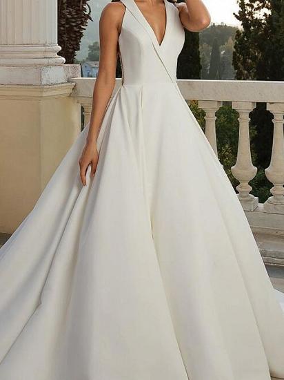Country A-Line Wedding Dress V-Neck Satin Sleeveless Plus Size Bridal Gowns Sweep Train_2