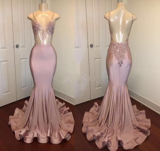 Newest Pink Beads Spaghetti Strap Prom Dress | Mermaid Prom Dress_5