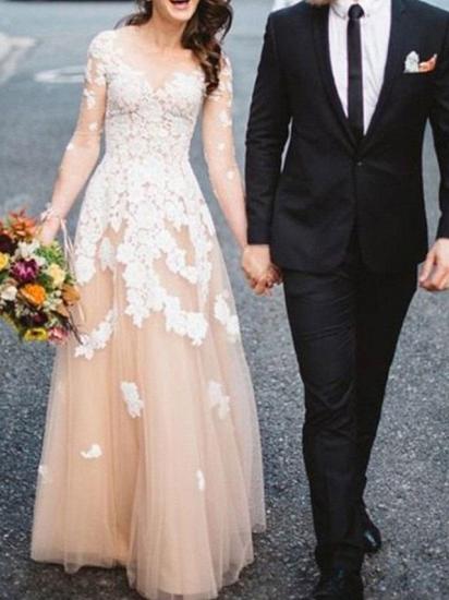 Sexy See-Through A-Line Wedding Dress Jewel Lace Tulle Long Sleeve Bridal Gowns Sweep Train