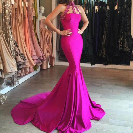 Modest High-Neck Mermaid Sleeveless Sweep-Train Lace-appliques Prom Dress_2