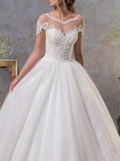 Sexy A-Line Wedding Dresses Jewel Lace Tulle Short Sleeve Bridal Gowns Vintage See-Through Backless Court Train_3