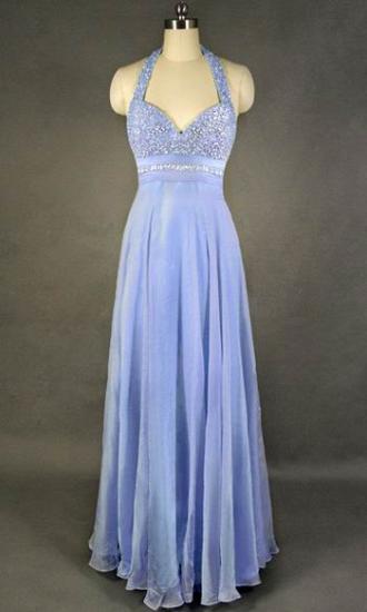 Latest Crystal Halter Chiffon Long Prom Dress with Beadings Popular Backless Plus Size Evening Dresses_1