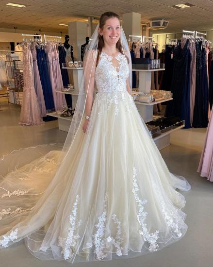 Floral Lace ALine Bridel Dress Tulle Appliques Long Wedding Dress_2