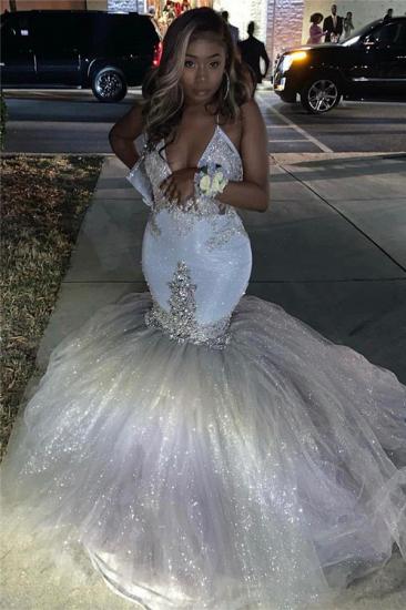 Spaghetti Straps Silver Sparkling Sequins Prom Dress | Beads Appliques Mermaid Sexy Prom Dress Online_3