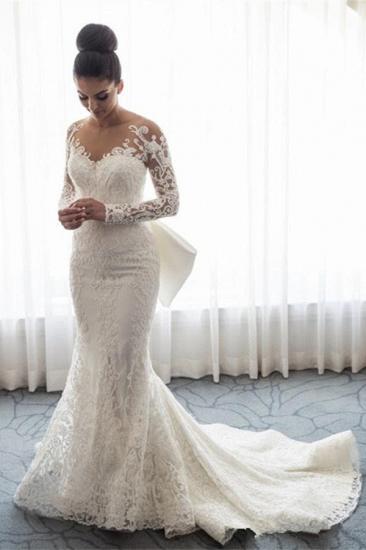 Chic Long Sleeve Mermaid Lace Wedding Dress With Detachable Train_1