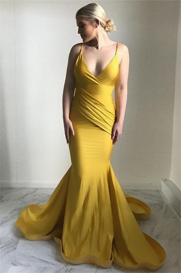 2022 Sexy Spaghettiträger Gelb Günstige Abendkleider | Meerjungfrau-Abschlussballkleider mit Rüschen und offenem Rücken online