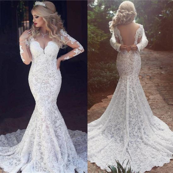 Long Sleeve Mermaid Lace Wedding Dress Sexy Open Back V-neck Classic Bridal Gown_4
