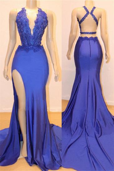 Sexy V-neck Sexy Open back Side Slit Prom Dresses | Elegant Royal Blue Mermaid Beads Lace Evening Gowns_1