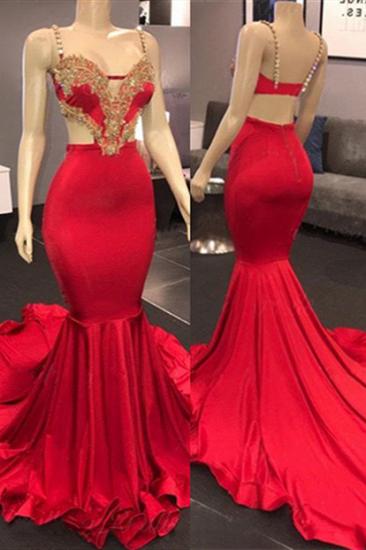 Gold Beads Appliques Red Prom Dresses Cheap | Straps Mermaid Open Back Sexy Long Evening Gowns