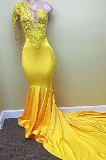 Yellow one shoulder mermaid prom dress, lace evening dresses_1
