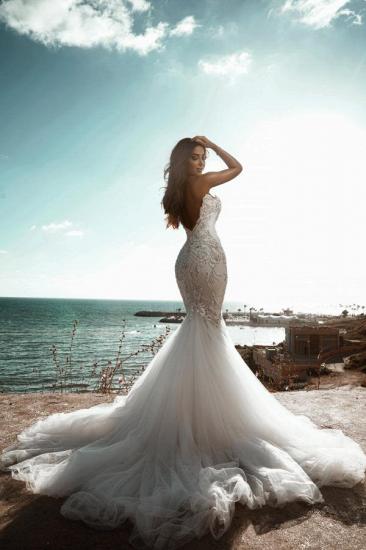 Atemberaubendes perlenbesetztes Meerjungfrau-Hochzeitskleid mit ärmellosem Tüll_2