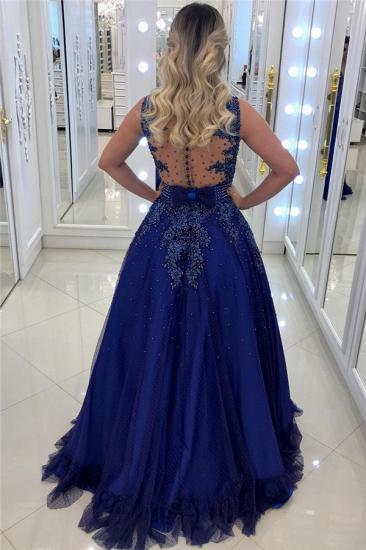 2022 Royal Blue Beads Appliques Prom Dress Sleeveless Sheer Back Formal Evening Dress with Bowknot_3