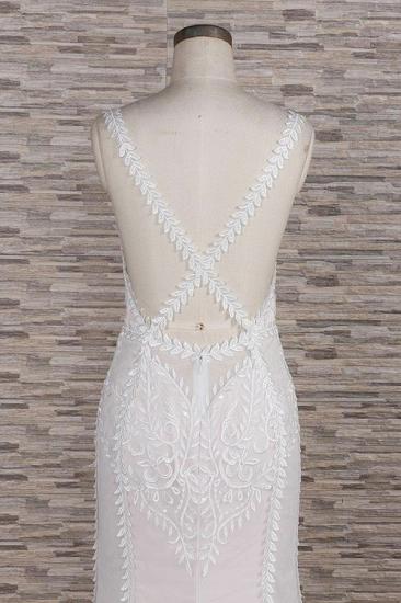 Elegante Träger A-Linie Spitzen-Hochzeitskleid | Weiße Meerjungfrau-Brautkleider mit V-Ausschnitt_7