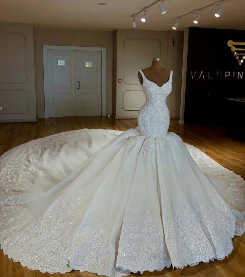 Shiny Mermaid Beading Lace Straps Applique Wedding Dresses_1