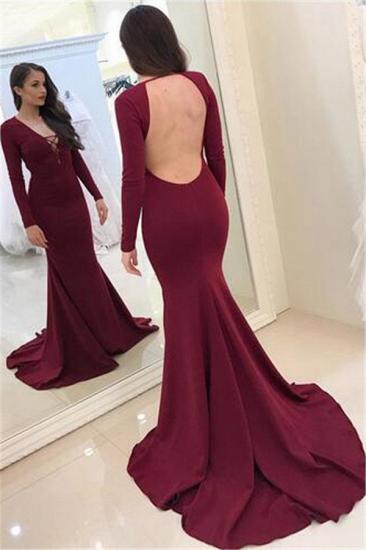 Sexy Burgundy Long Sleeves Evening Dresses 2022 Backless Mermaid V-Neck Prom Dresses_2