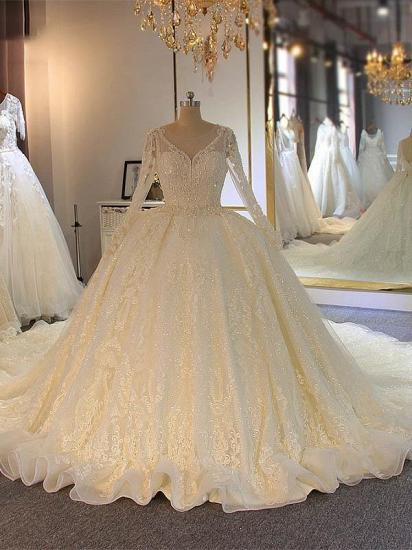 Sparkling Beads Appliques Ball Gown Wedding Dresses | Sheer Tulle Long Sleeve Pleated Bridal Gowns