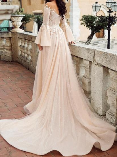 A-Line Wedding Dresses V-Neck Chiffon Lace Tulle Long Sleeve Bridal Gowns Formal Court Train_2