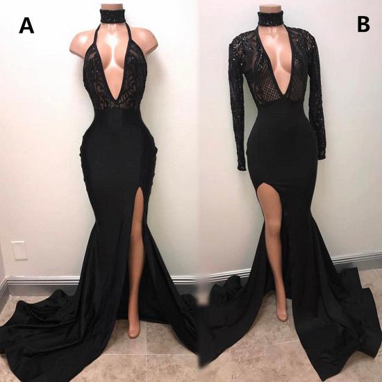 Sexy Black High Neck Lace Front Split Mermaid Prom Dress_3
